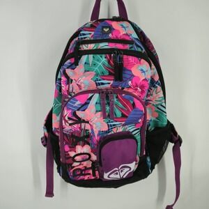 Roxy Backpack Tropical Floral Print Purple Teal Womens Daypack Mesh Pockets Logo